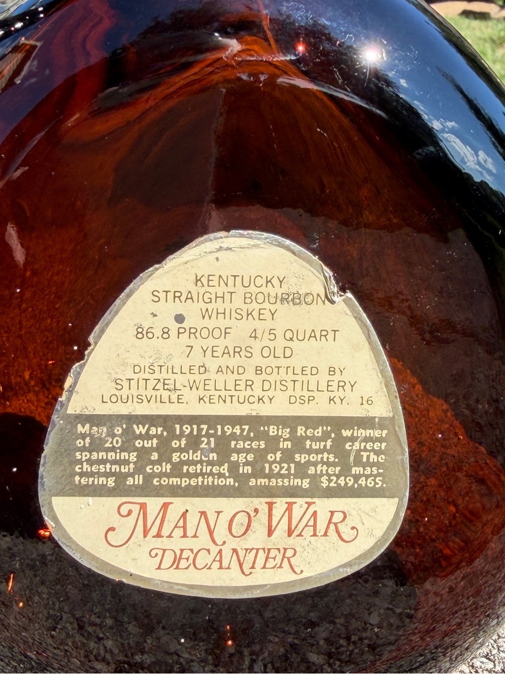 VINTAGE OLD FITZGERALD PRIME MAN O’ WAR BOURBON DECANTER. G23 - Picture 7 of 9